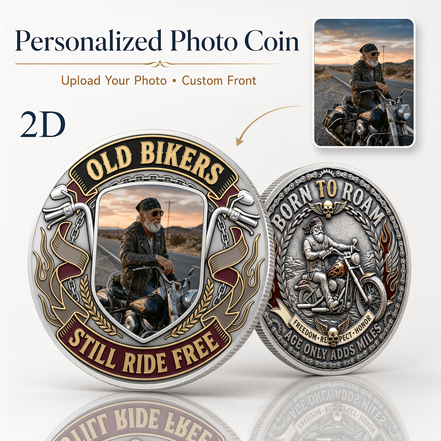 TEMU 1pc, 2d Flat, Silvery Personalized Photo Custom Commemorative Coin, Supports Uploading Photo Patterns For Customization, Front Side Old Bikers