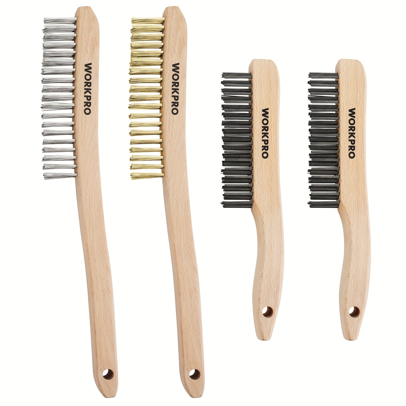 

Workpro Wire Brush Set, 4pcs Brass/stainless/carbon Steel Bristles Wire Scratch Brushes With Long Curved Beechwood Handle For Rust, Dirt & Paint Scrubbing With Deep Cleaning