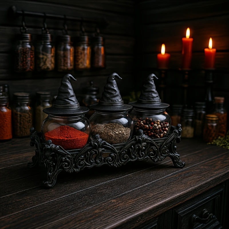 TEMU 3pcs Witch Potion Jar Spice Storage Set Gothic Jar Bodies With Handmade Vintage Glass Witch Hat Lids, It Balances Decorative And Practicality,