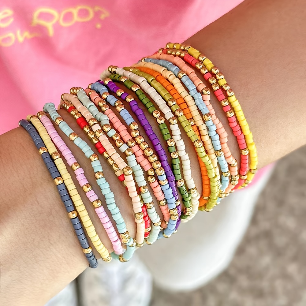 19pcs Bohemian Elastic Rice Beads Beaded Bracelet Set Handmade Mixed Colorful Beads Chain Vintage Ethnic Beads Bracelet Vacation Travel Beach Chain Jewelry