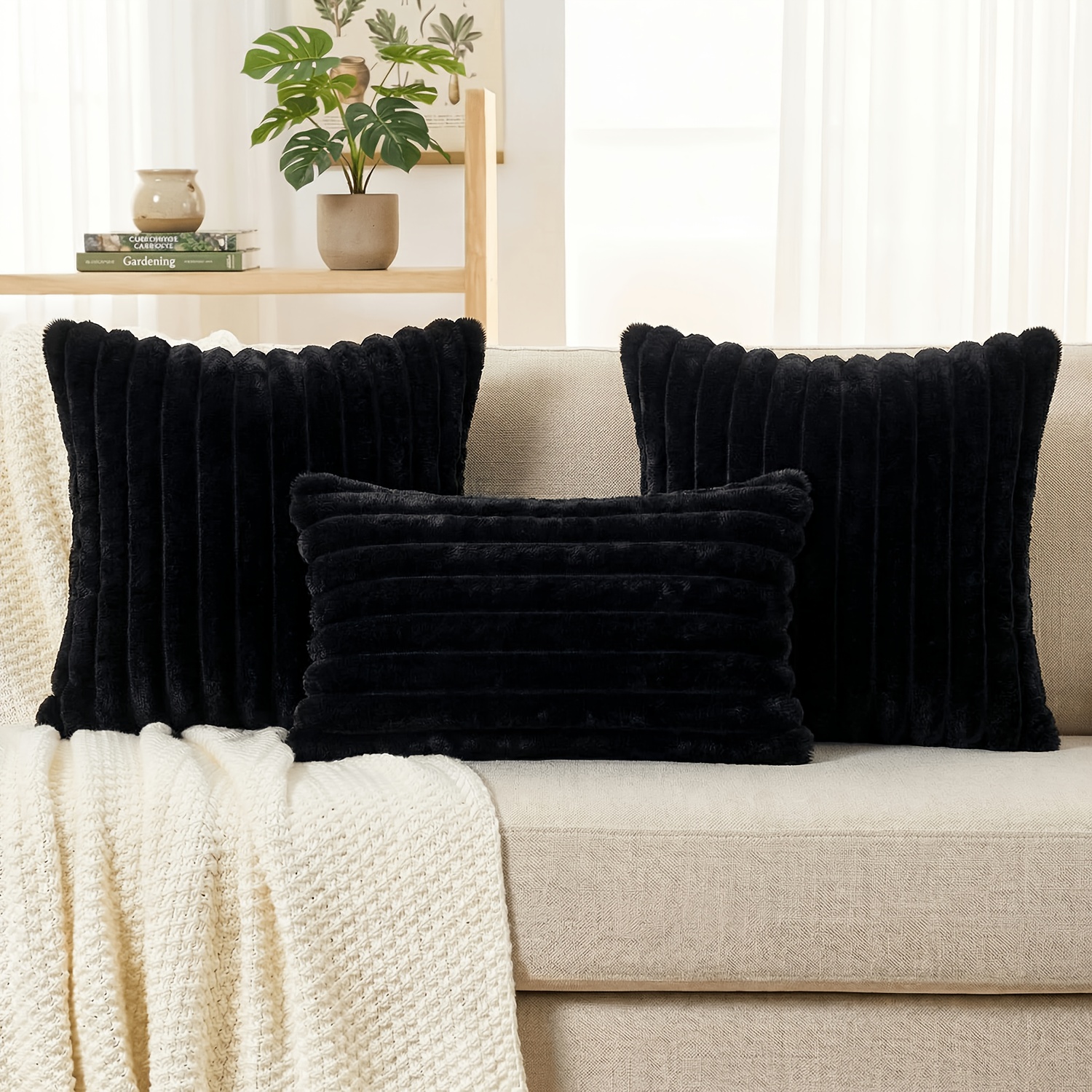 TEMU 3pcs Plush Throw Pillow Covers 18x18 & 12x20 Inch, Boho Fluffy Striped Soft Cushion Covers, Farmhouse Spring Summer Cozy Shaggy Textured