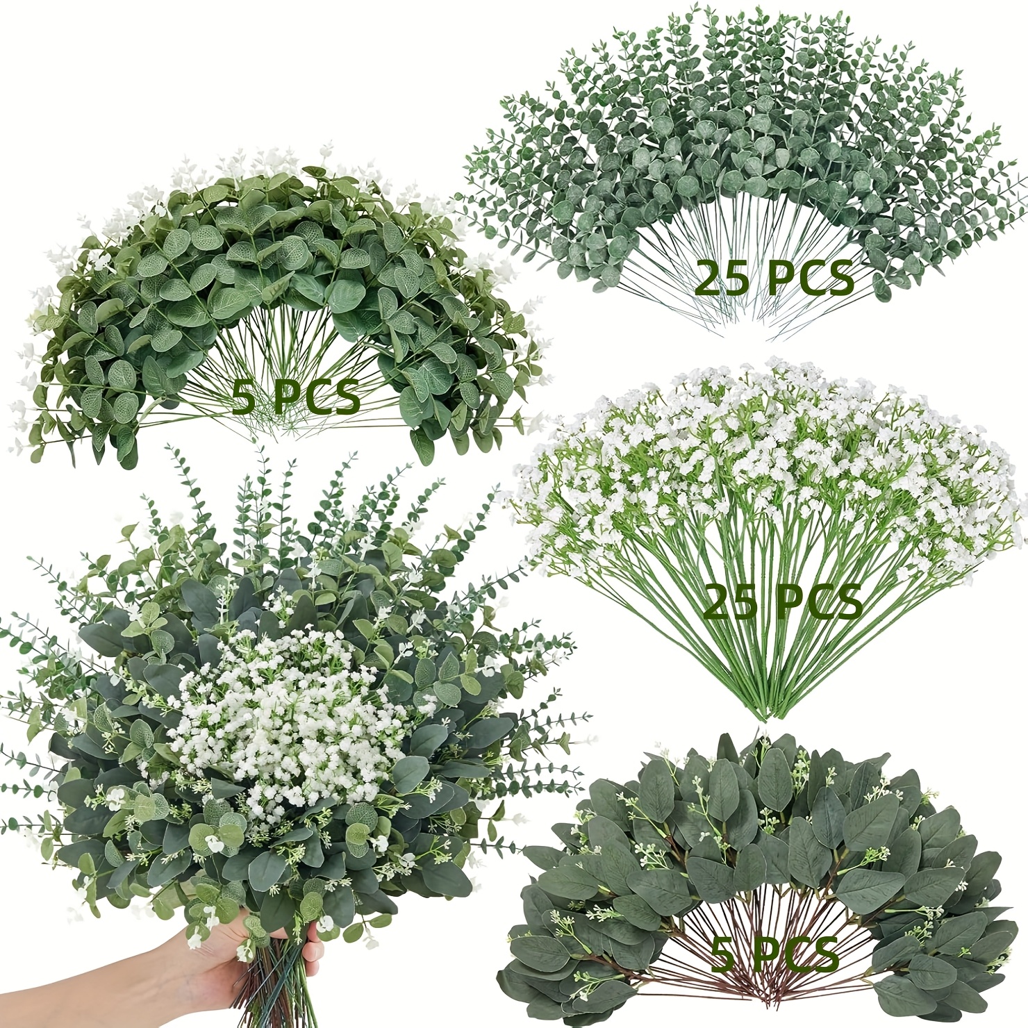 Image of 60pcs 4 Kinds Mixed Faux Eucalyptus Stems, Baby Breath Flowers Artificial Bulk With Greenery Stems For Bouquets Wedding Home Floral Greenery Decor
