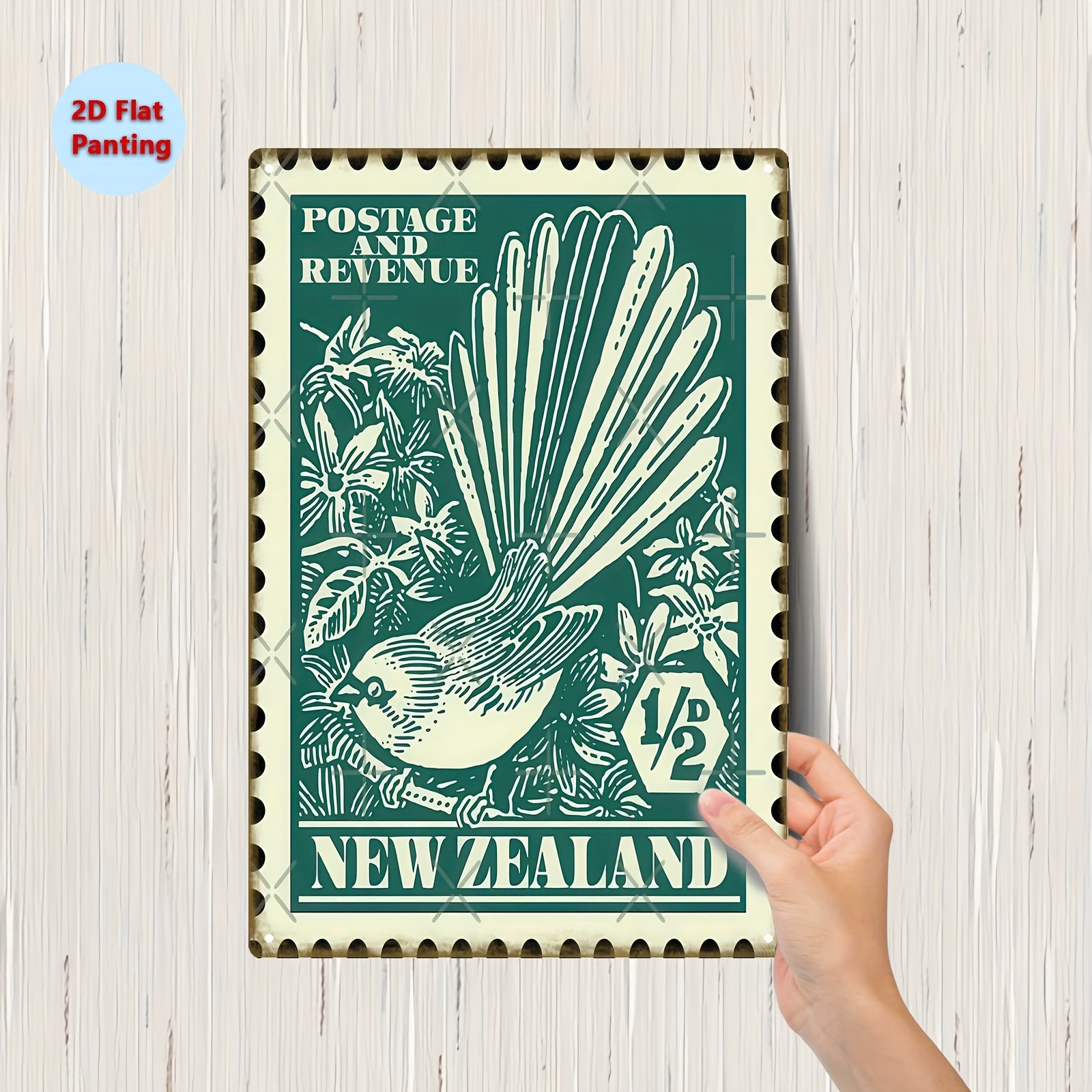TEMU 1pc Vintage New Zealand Stamp Art Foil Plate Wall Decor - Aluminum Metal Wall Hanging With Teal And White Retro Design, 20x30cm/8x12in, Art For