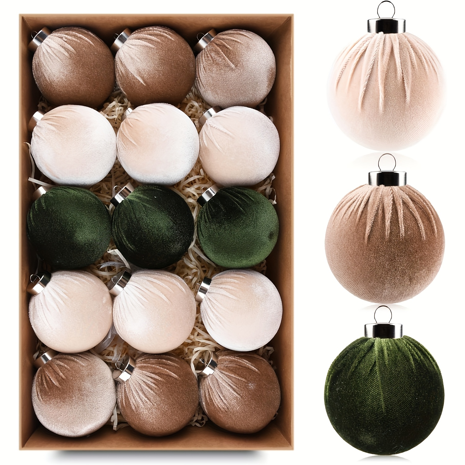 TEMU Christmas Tree Ornaments Velvet Balls - Pack Of 15pcs Shatterproof Xmas Bulbs Decorations Set - Multicolor Green Brown Neutral Hanging Ornaments