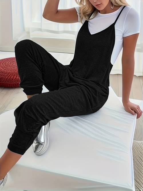 womens fashion solid color loose suspender v neck jumpsuit