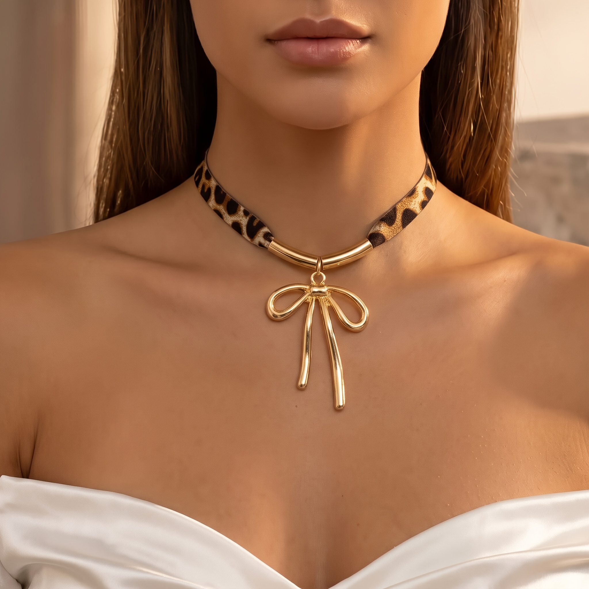TEMU 1pc Chaîne de Cou Mode Automne Hiver Femme, Style Rétro Élégant, Tube Métallique , Pendentif Nœud, Collier Court Ruban Imprimé Léopard, Choker