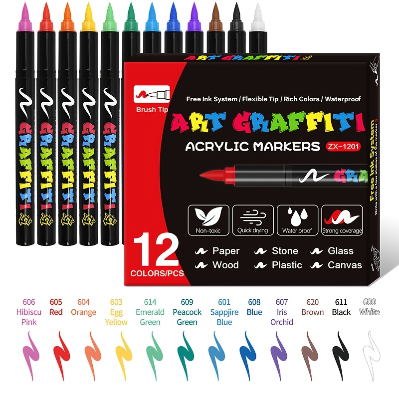 

12pcs Vibrant Acrylic Paint Marker Pens With Soft, Flexible Brush Tip For - For Canvas, Rock, Wood, Stone, Glass, Ceramic