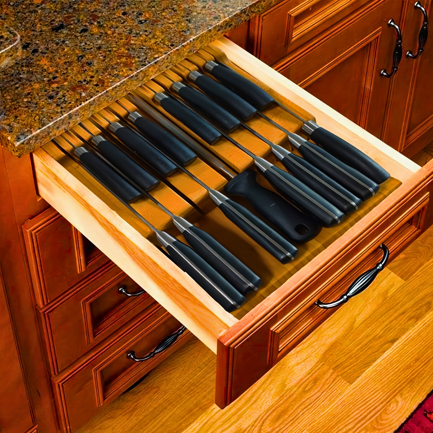 TEMU Bamboo Kitchen Knife Drawer Organizer Insert, 16 Knife Slots And Sharpener Slot, Space-saving Knife Holder For Drawer Storage, Bamboo For Steak Knives, Cutlery, And Utensil Organization