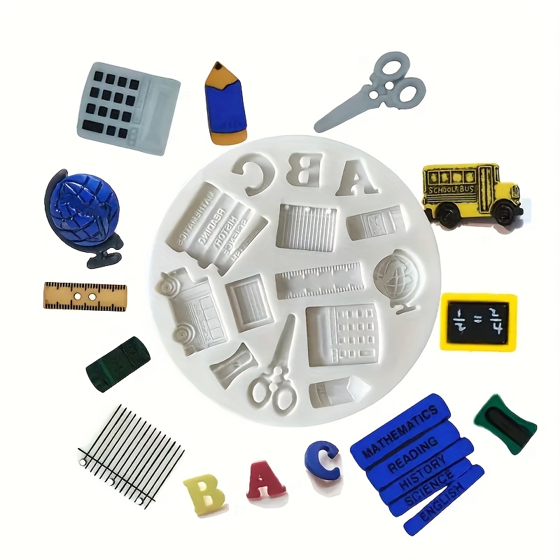 Image of Silicone Molds For School-themed Fondant, Suitable For Candy, Cake Decoration, And - Includes Designs , Books, Scissors, A Teen Car, And School Pens