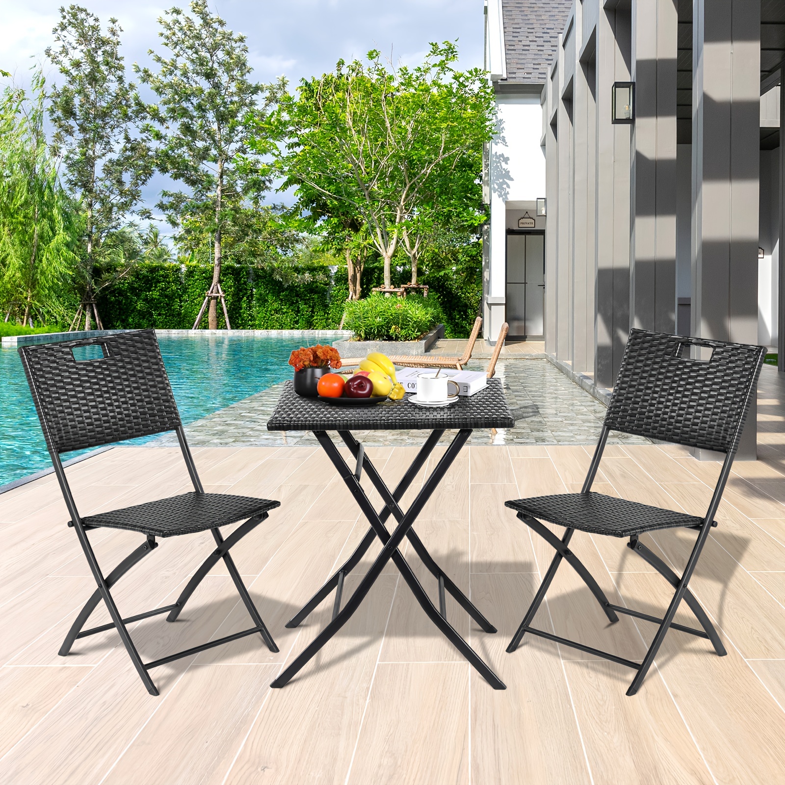 E-shop 3-teiliges Outdoor-Möbelset, Balkonmöbel Rattan-Set, 1 Klapptisch 2 Stühle, faltbar & leichtgewichtig, 3er-Set für Terrasse, Garten oder