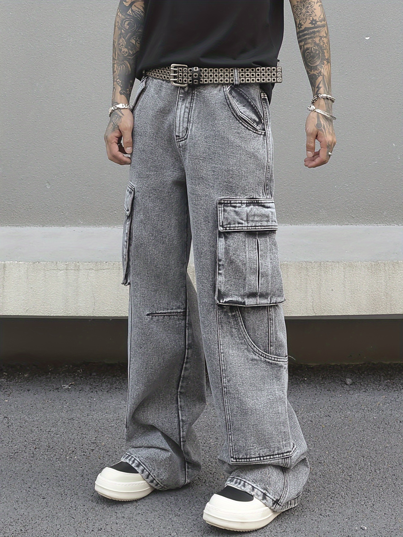 black multi pocket mens wide leg denim pants | Temu South Africa