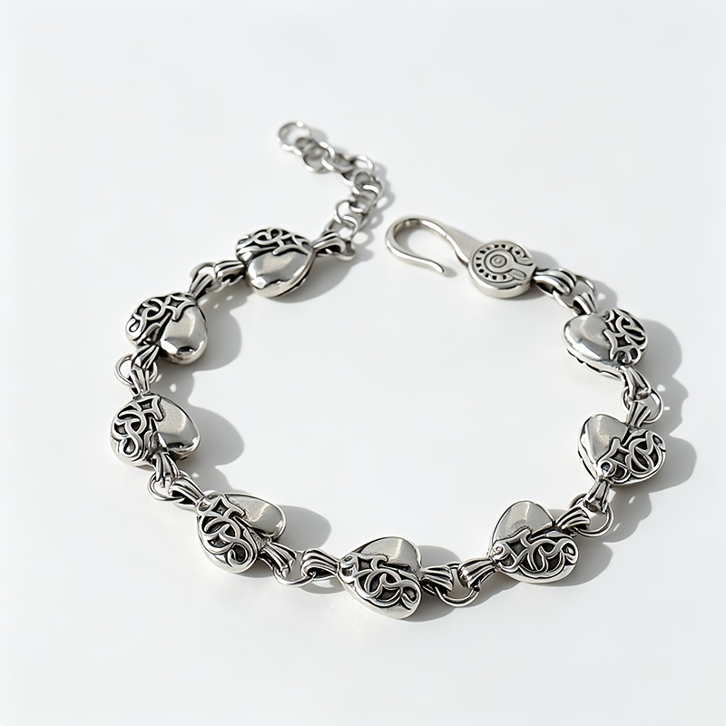 Image of 1pc S925 Silvery Retro Fashion Extendable Adjustable Bracelet, Carved Heart Bead Design High-quality Silvery Jewelry, Suitable For Men And Women For Daily Wear, Holiday Parties, And Gift-.