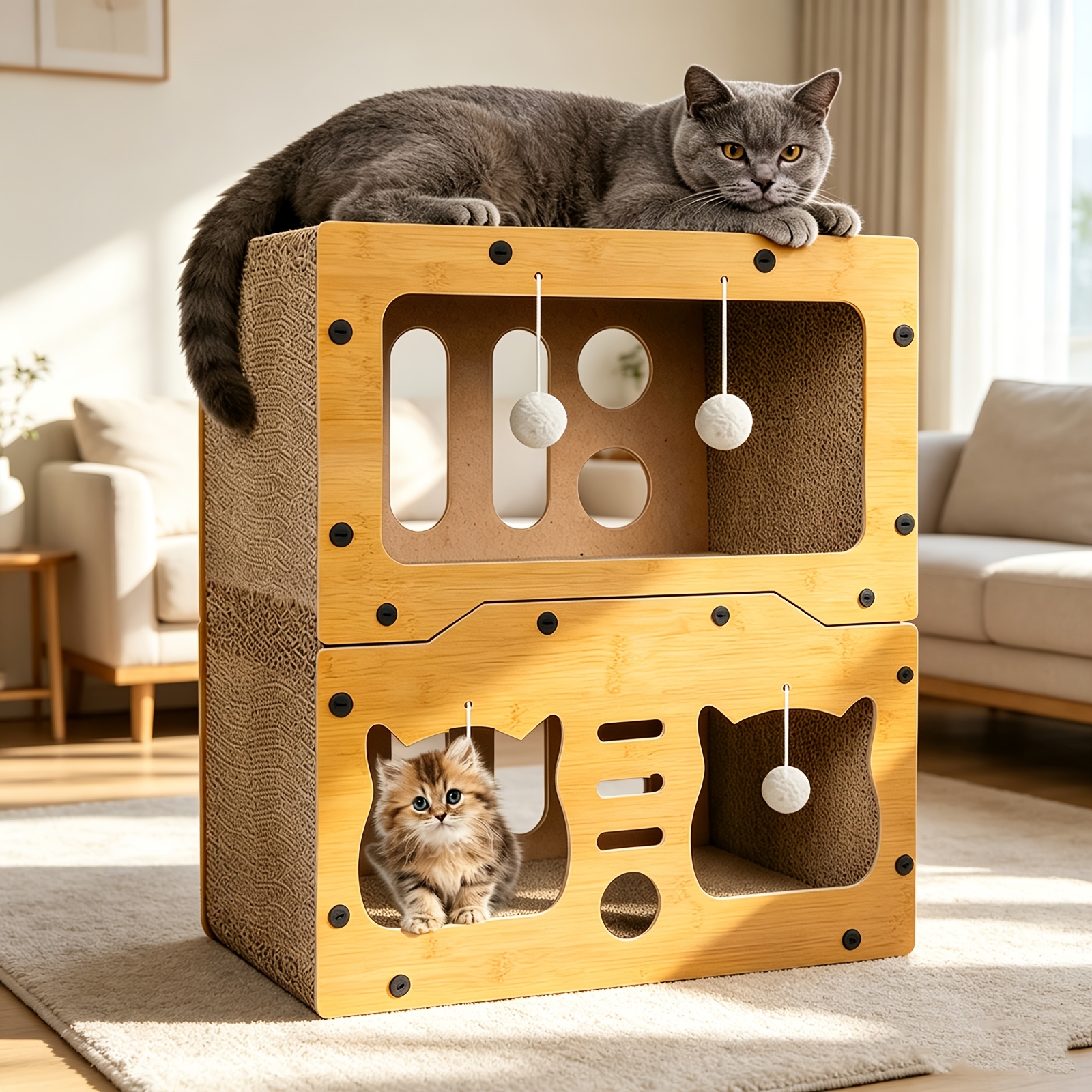 Image of Cat Scratching Post, 3-layer Upright Cat House, Cat Tree, Cat Climber, -one Super Large Cat Villa Nest, Wear-resistant Non-shedding Cat Scratching Board, With Toy Ball