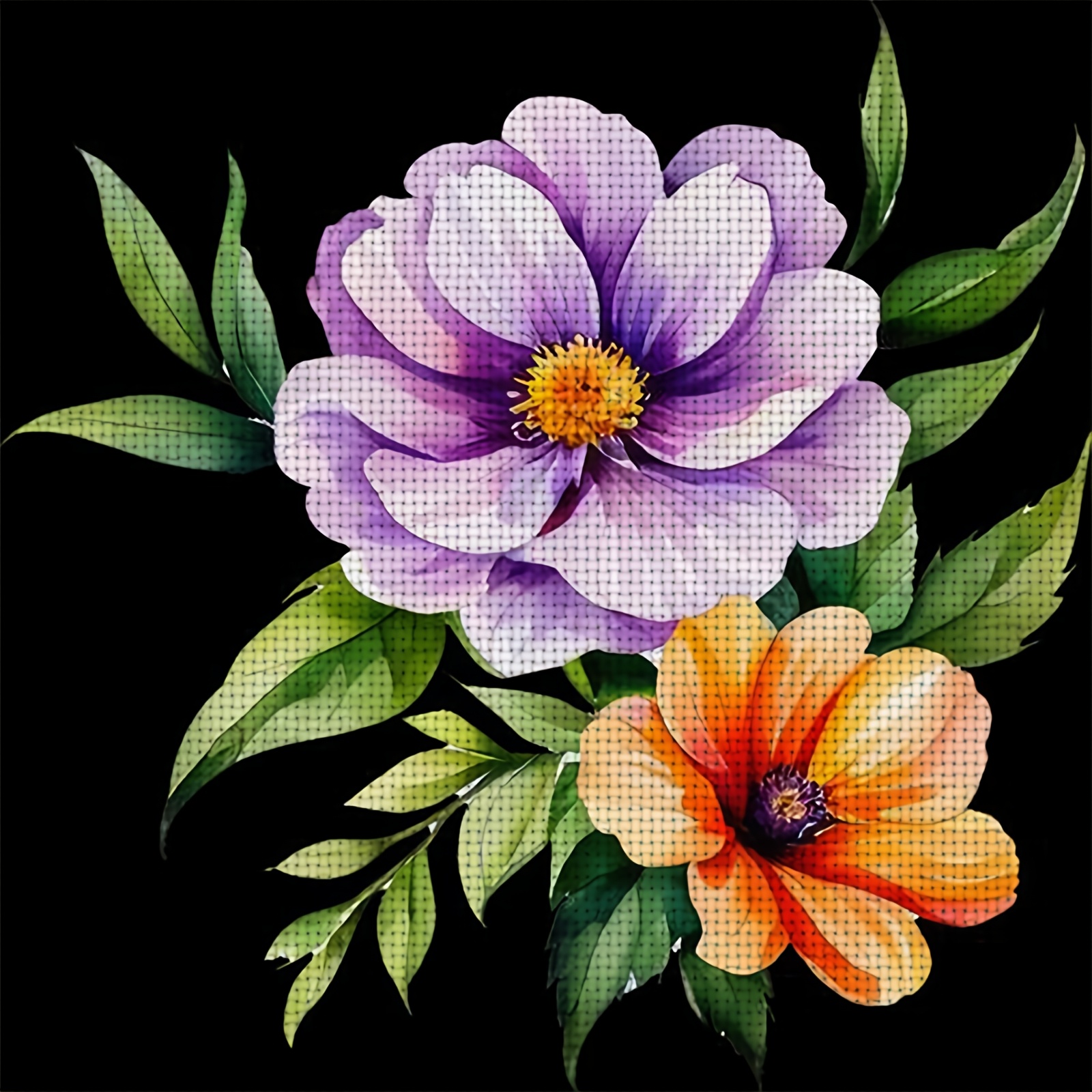 DIY Cross-Stitch Printed Kit of Purple Orange Flower, Unframed