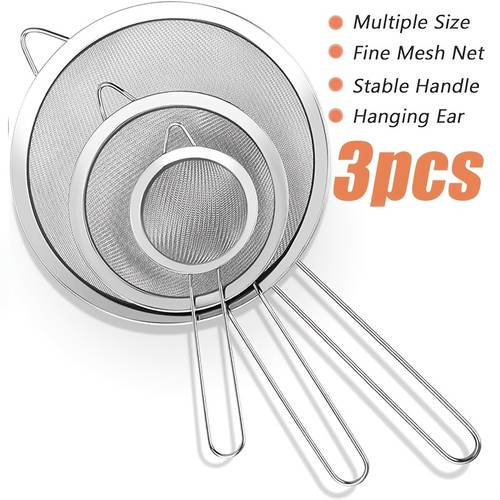 3 piece stainless steel fine mesh strainer set juice sieve precision stainless steel three sizes for multiple uses ideal for sifting flour draining noodles and straining fruits and vegetables separating grease from snacks