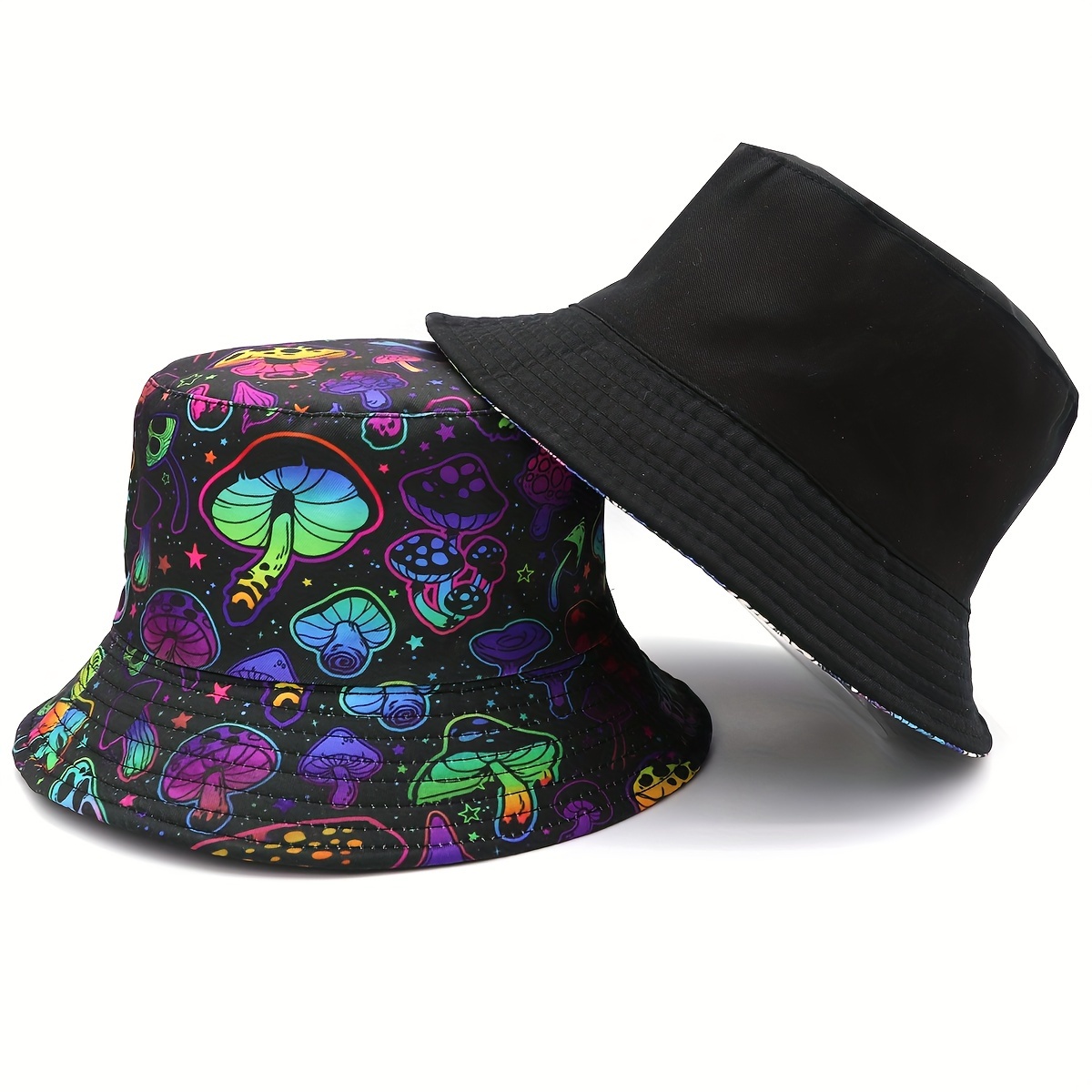 

Reversible Bucket Hat, Unisex Vibrant Mushroom Print Basin Hat, Hip Hop Y2k Style, Two-sided Wearable Fisher Hat