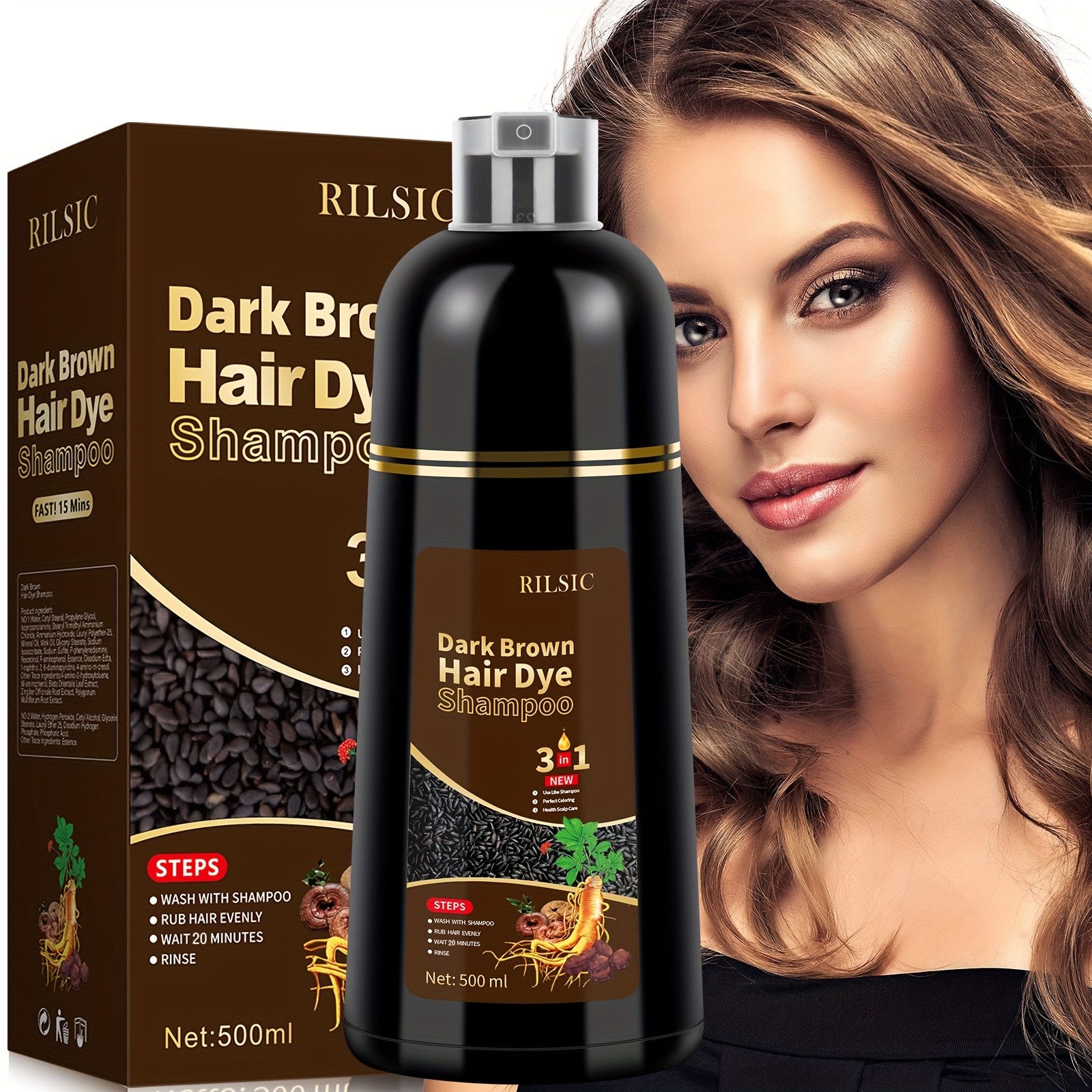 RILSIC 3pcs Hair Dye Shampoo, Quick Acting Hair Dye, Highly Coverage Of White Hair, Containing Ginseng Essence Extract, Moisturizing Hair Care - Both Male And Female Adults Can Use, Suitable for All Kinds Of Hair