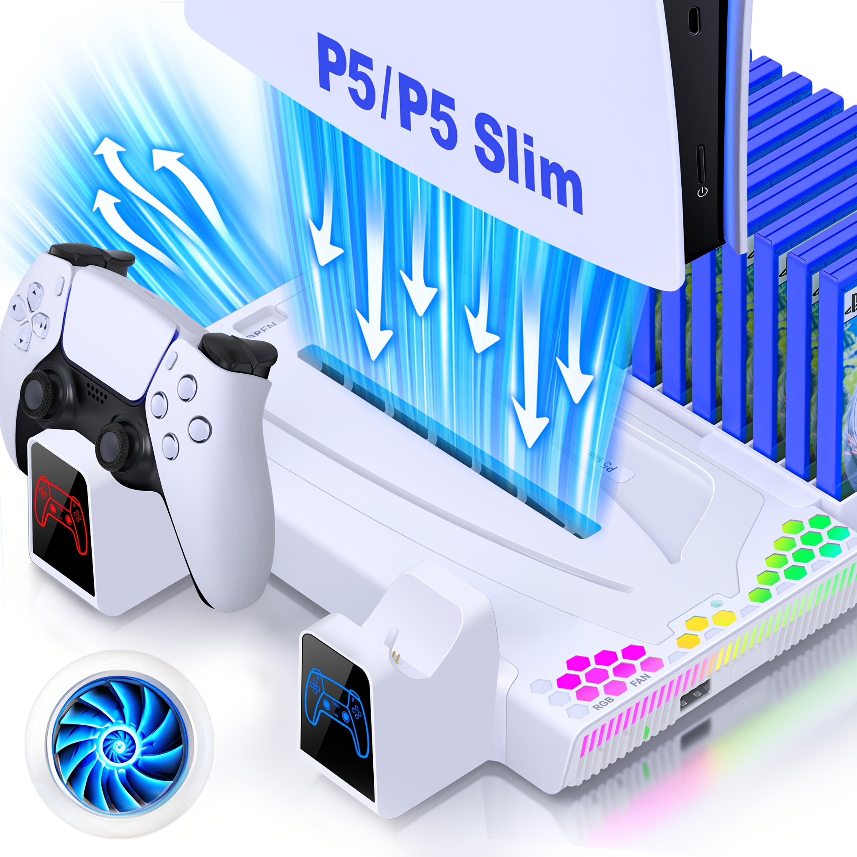 TEMU For Ps5 Slim&digital/ Disc Stand And Cooling Station With Controller Charging Station For 5, For Ps5 Accessories . 3 Levels Turbo Fan, Rgb, 14