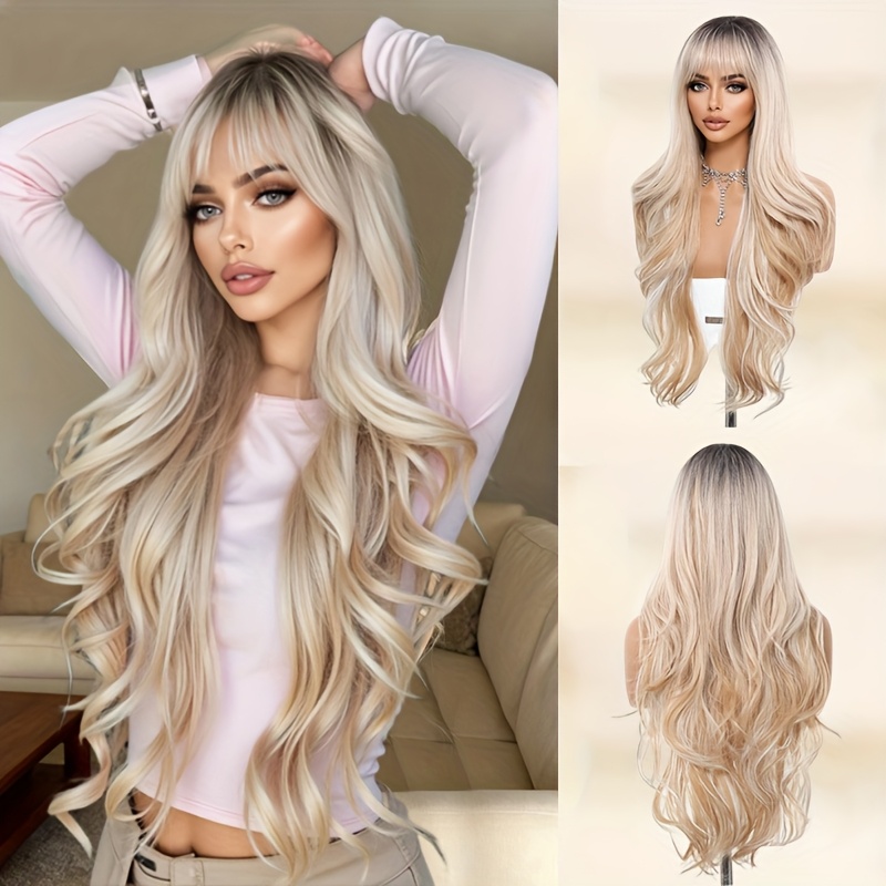 TEMU Perruque blonde longue et bouclée avec frange, conçue . Fabriquée avec un bonnet en respirante adapté aux débutantes, idéale pour un usage , les