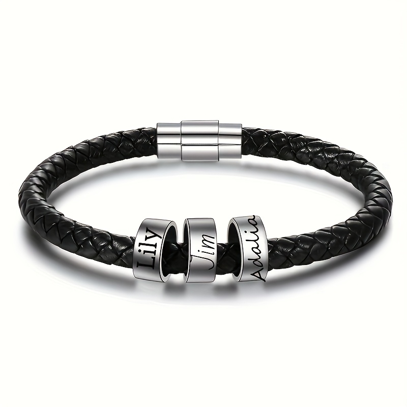 TEMU Pulsera de cuero personalizada para hombre, pulsera de cuentas personalizada con de 1 a 7 , joyería grabada, para papá, , tío o esposo, ideal