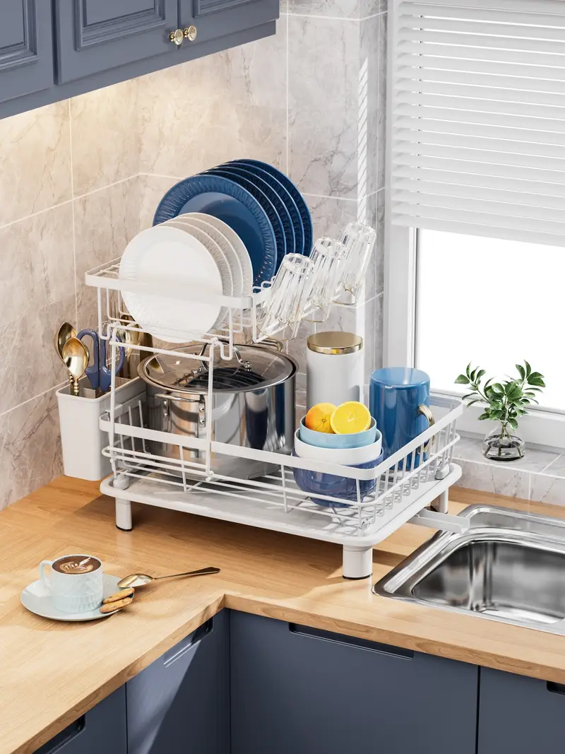 2 tier dish drying rack with metal and plastic kitchen dish drainer with utensil holder anti rust compact countertop dish rack organizer 1pc dish racks for home kitchen storage Product details 0