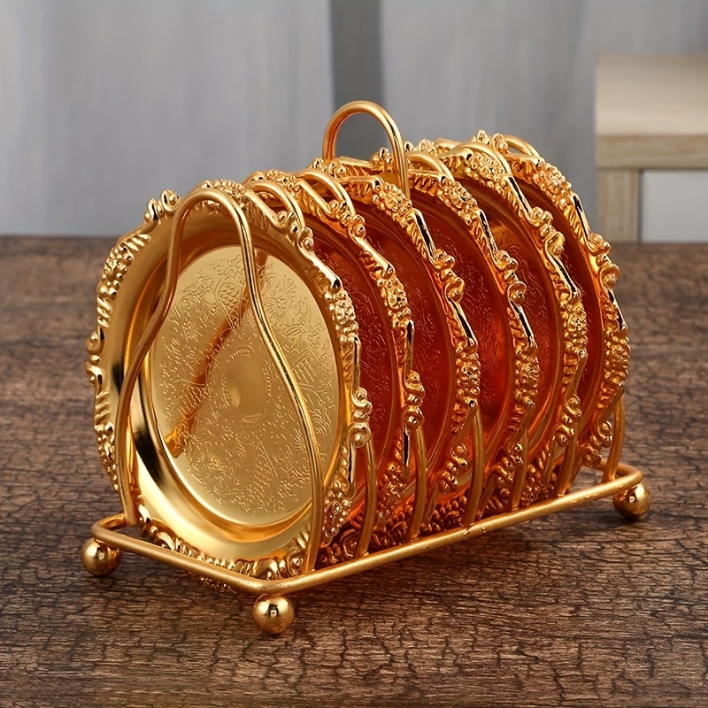 TEMU 7pcs European Style Holder Metal Snack Plate Dinnerware Set With High-end Coasters
