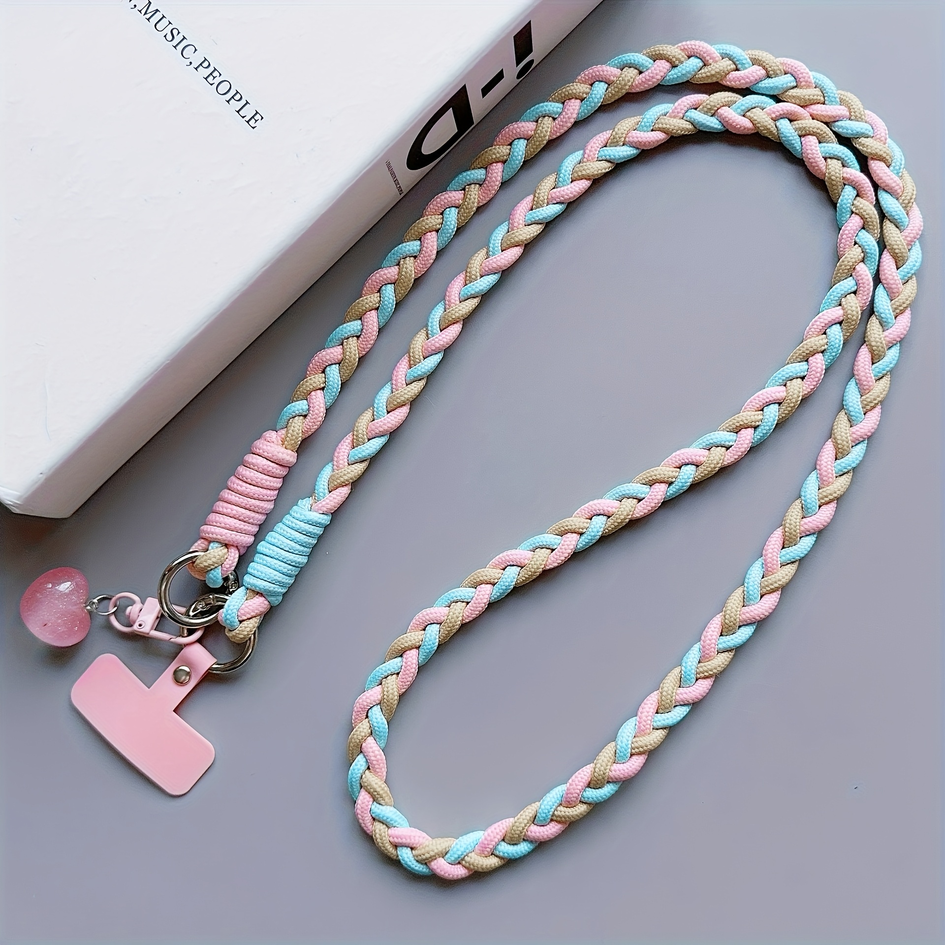 Image of 1pc Universal Phone Lanyard With Cardholder And Heart Charm, Durable Polyamide Woven Crossbody Neck Strap, Anti-loss Mobile Case Hanging Chain