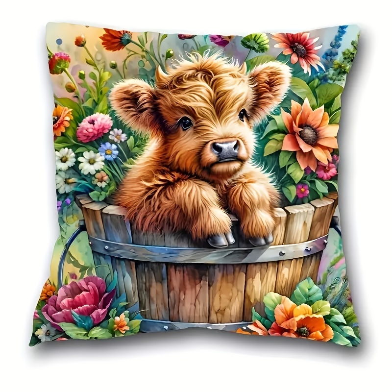 

1pc Rustic Sunflower Cow Print Short Plush Pillow Cover (17.7x17.7 Inches), Farmhouse Style Throw Pillow Case, Home & Bedroom Decor, Polyester Zippered Cushion Cover, Machine Washable, Printed Design