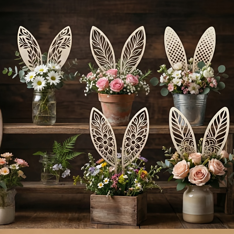 [2d Flat] 5-pack Easter Wooden Bunny Ear Plant Stakes, Wooden Bunny Ear Decorations, Bunny Ear Garden Stakes, Potted Plant Decor, Floral-themed Bunny Ears