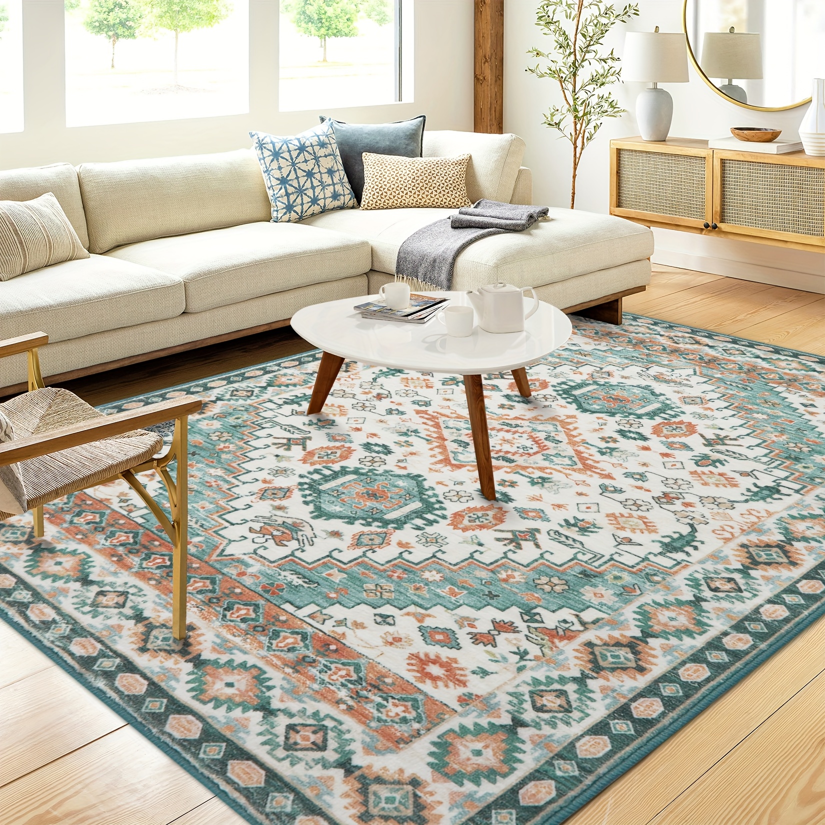 TEMU Bohemian Area Carpet, Machine Washable Trendy Indoor Mat For Living Room, Dining Area, And Bedroom, Non-shedding, Non-slip, Foldable, Low Pile,