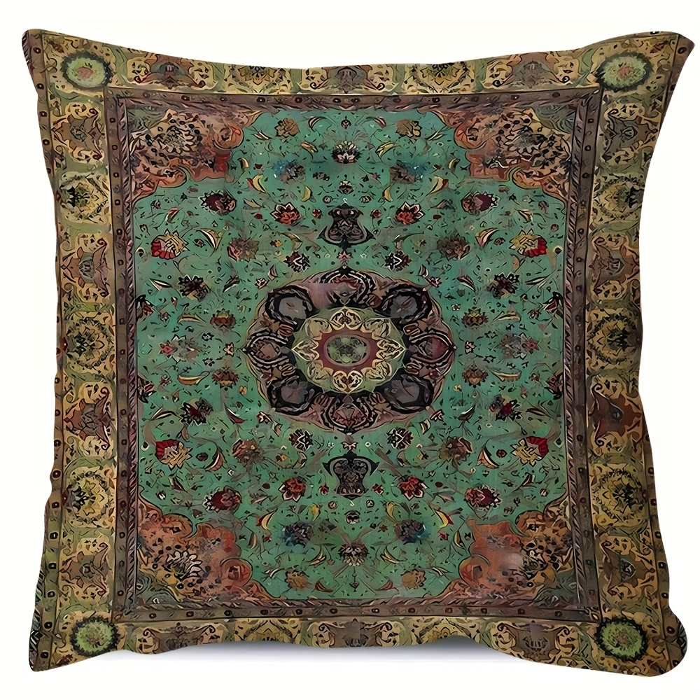 TEMU 1pc, Double Sided Soft Short Plush Throw Pillow Cover 18x18inch, This Is A Intricate And Colorful Rug With Floral Patterns Suitable For Sofas,