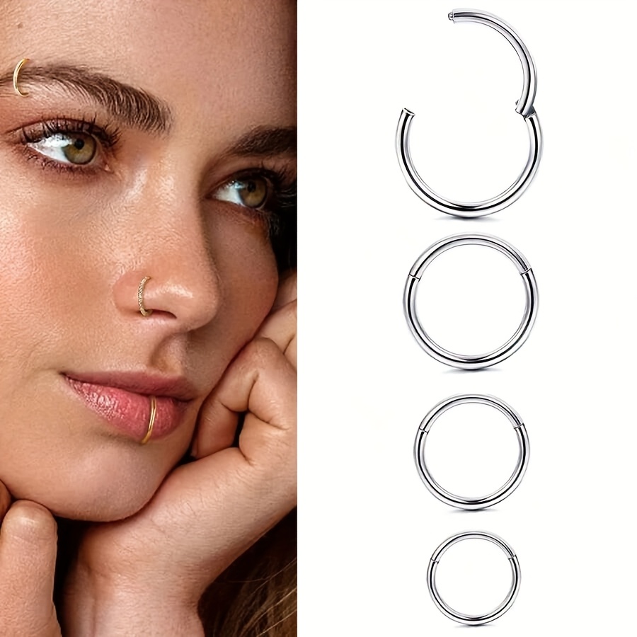 4pcs/set 16g Hinged Nose Ring Hoop, Hypoallergenic Septum Ring, Helix Cartilage Tragus Earring, Piercing Jewelry For Helix, Lobe, Tragus, Eyebrow/navel Ring, Body Piercing Jewelry Decoration, Unisex