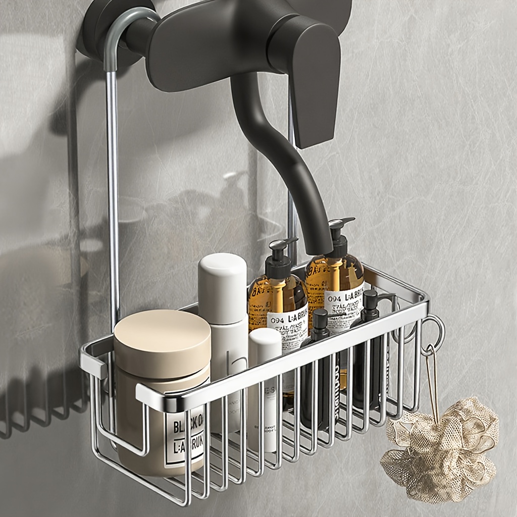 TEMU Wall-mounted Bathroom Hanging Basket Storage Rack - Space-saving Lightweight Aluminum Shower Caddy With Multiple Compartments For Storing