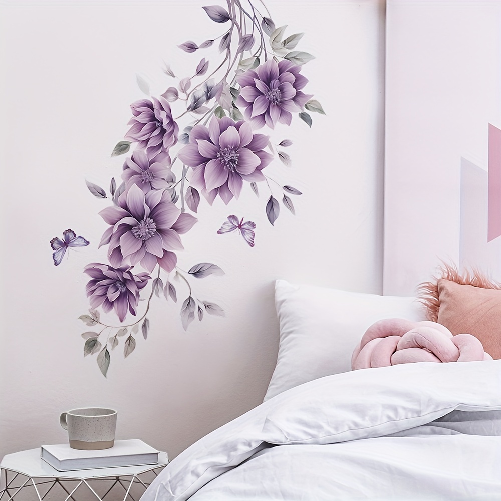 

1pc Flower Wall Sticker For Living Room Decor, Romantic Aesthetic Purple Floral Flower Wall Sticker, Butterfly Wall Sticker, Self-adhesive Decorative Removable Stickers 35*60cm/13.7*23.6inch