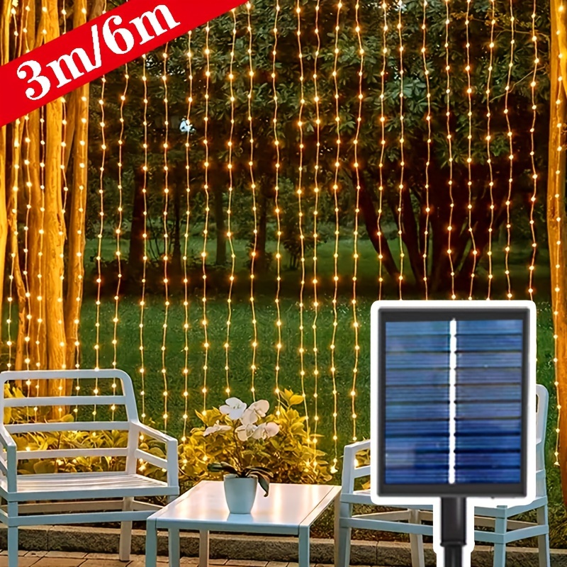 

Solar Powered Led Curtain String Lights With 8 Modes, 3m X 6m Fairy Lights For Wedding, Christmas, Home Decoration, Outdoor Lighting, Solar Charged Plastic Lanterns & Torches Without Remote Control