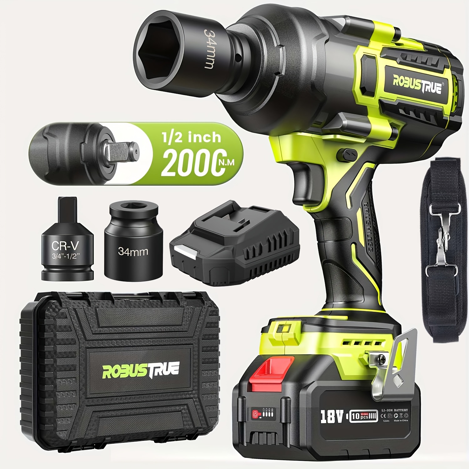 Robustrue 2000nm Brushless Impact Wrench Kit | 1500 Ft-lbs High Torque, 5.0ah Fast Charging Battery & Industrial Socket Set | Heavy Duty For Truck/trailer Agriculture | Rust Removal ()
