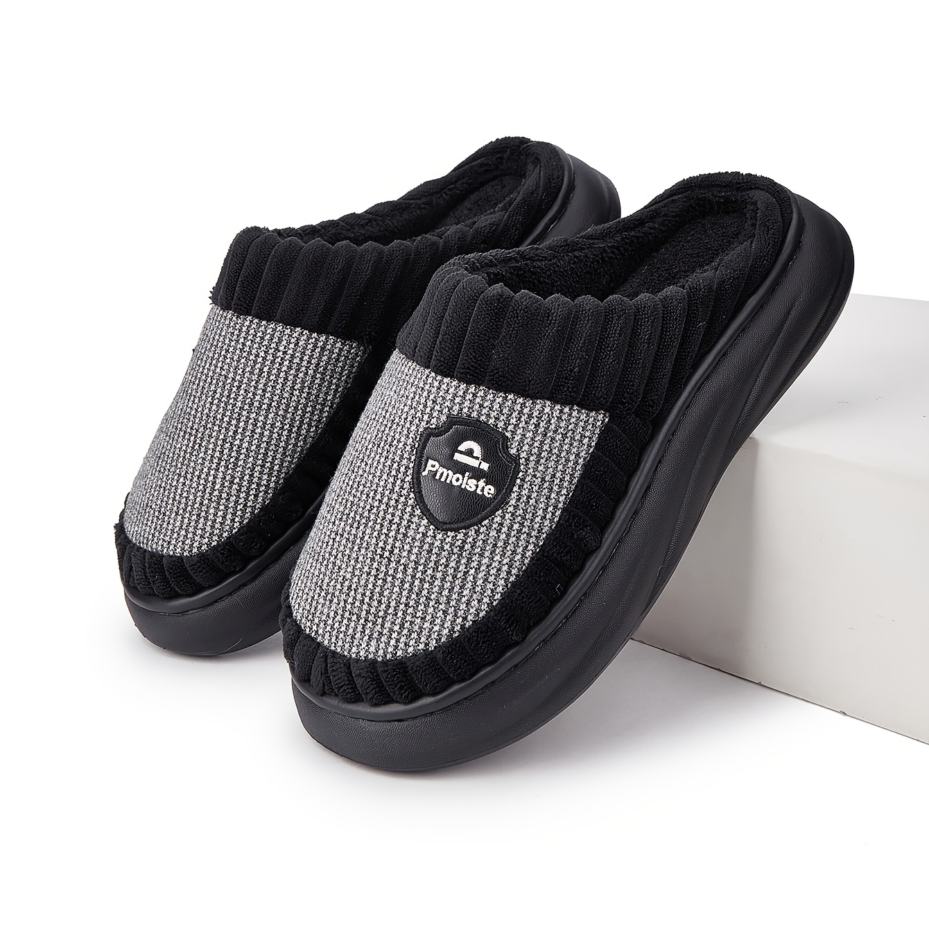 TEMU Pmoiste Arch Support For Men Slippers Flannel Knited Shoes Memory Foam Warm Slipper Indoor Outdoor Couples Winter Daily Wear