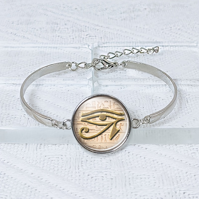 Women's Adjustable White Flat Glass Bracelet with Ancient Egyptian Symbols
