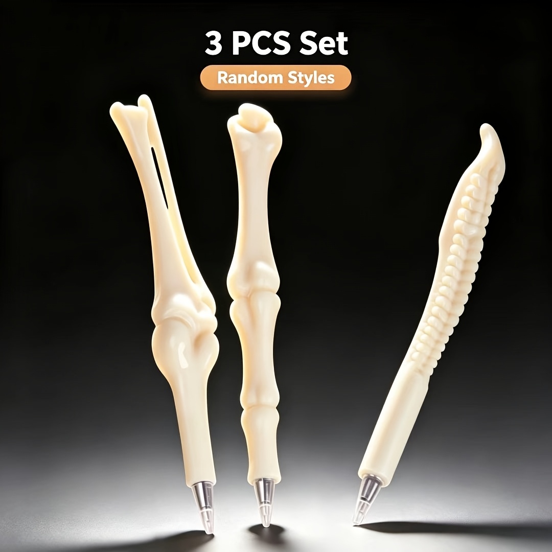TEMU 3pcs (Style Aléatoire) Stylos Créatifs d'Oste, Stylos à Bille Squelette Réalistes, Papeterie Cadeau Créatif Halloween