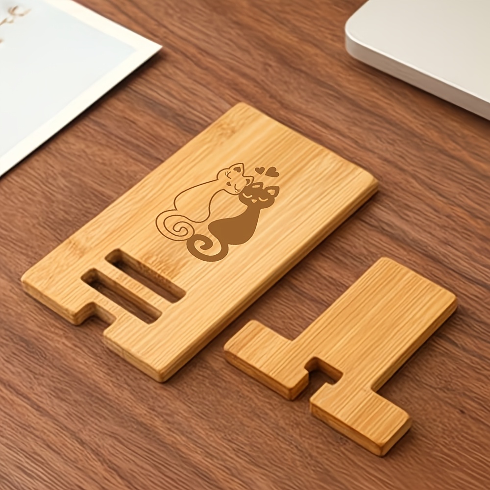 Image of 1 Set Desktop Phone Holder Cute Cat Natural Wooden Cell Phone Stand Portable Smartphone Holder For All Kinds Of Phone