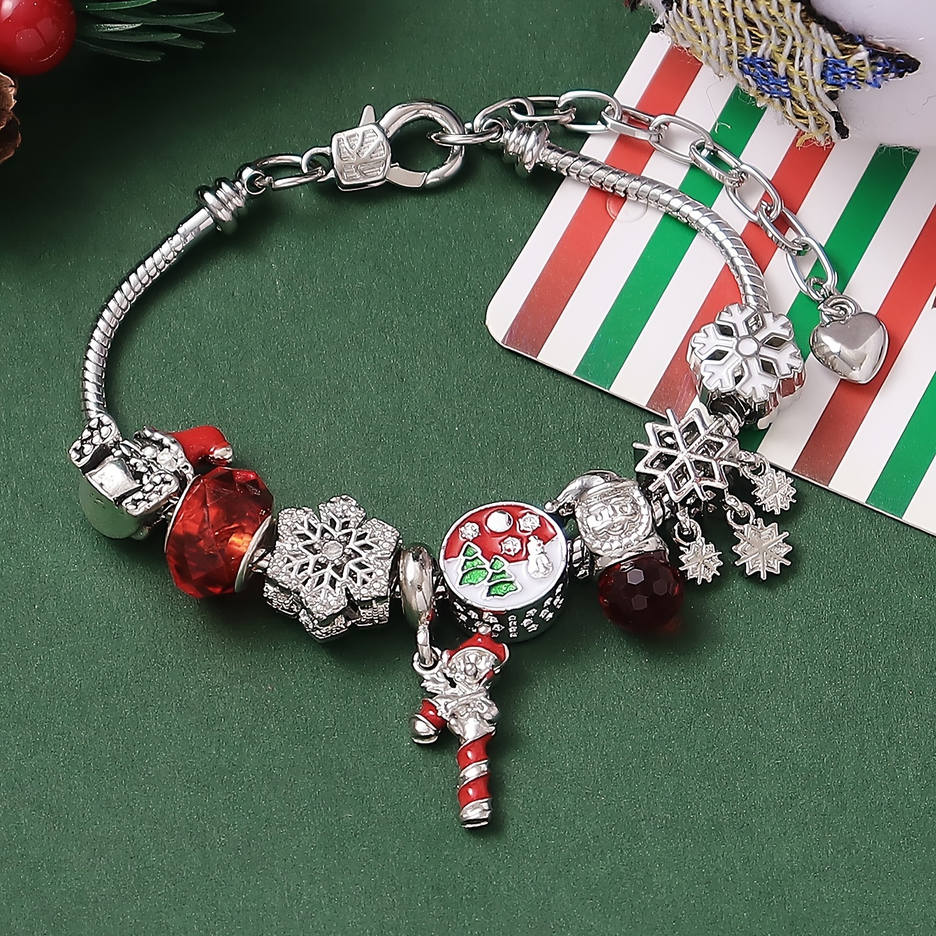 

Elegant Christmas Charm Bracelet With Rhinestone Snowflake, Santa & Lantern Beads - Perfect Holiday Gift For Women