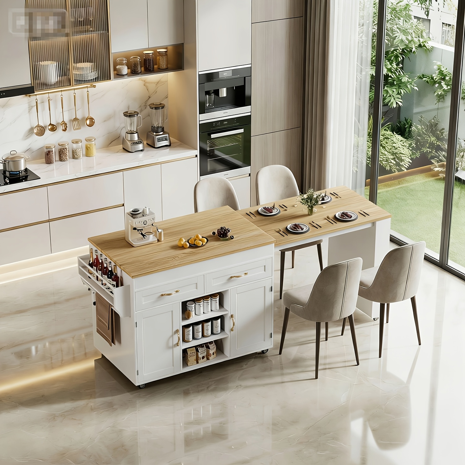 Contemporary Mobile Kitchen Island with Expandable Table & Storage