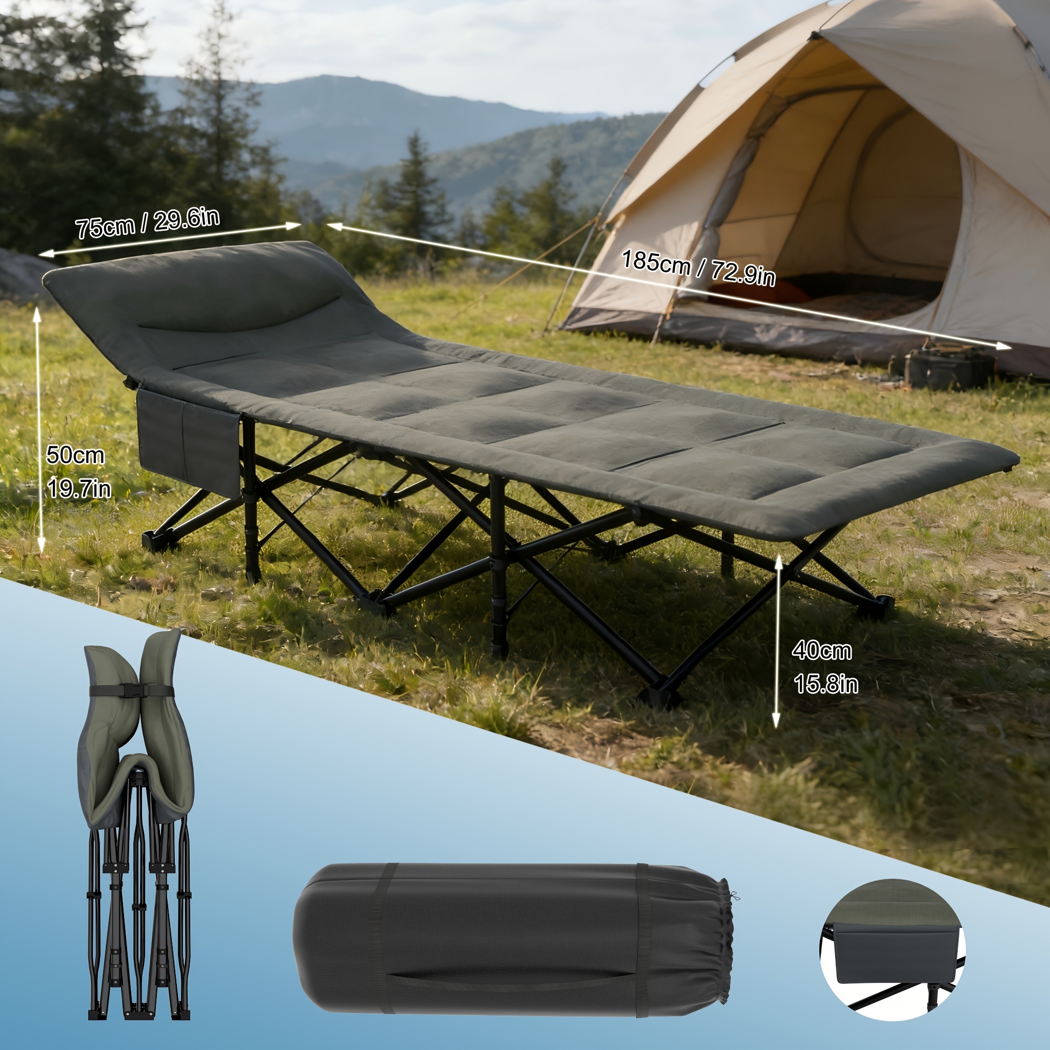 185 X 75 X 40cm Grey Camping Bed Lounger Guest Bed Folding Bed Camp Bed With Carry Bag Suitable For Camping Load 250kg