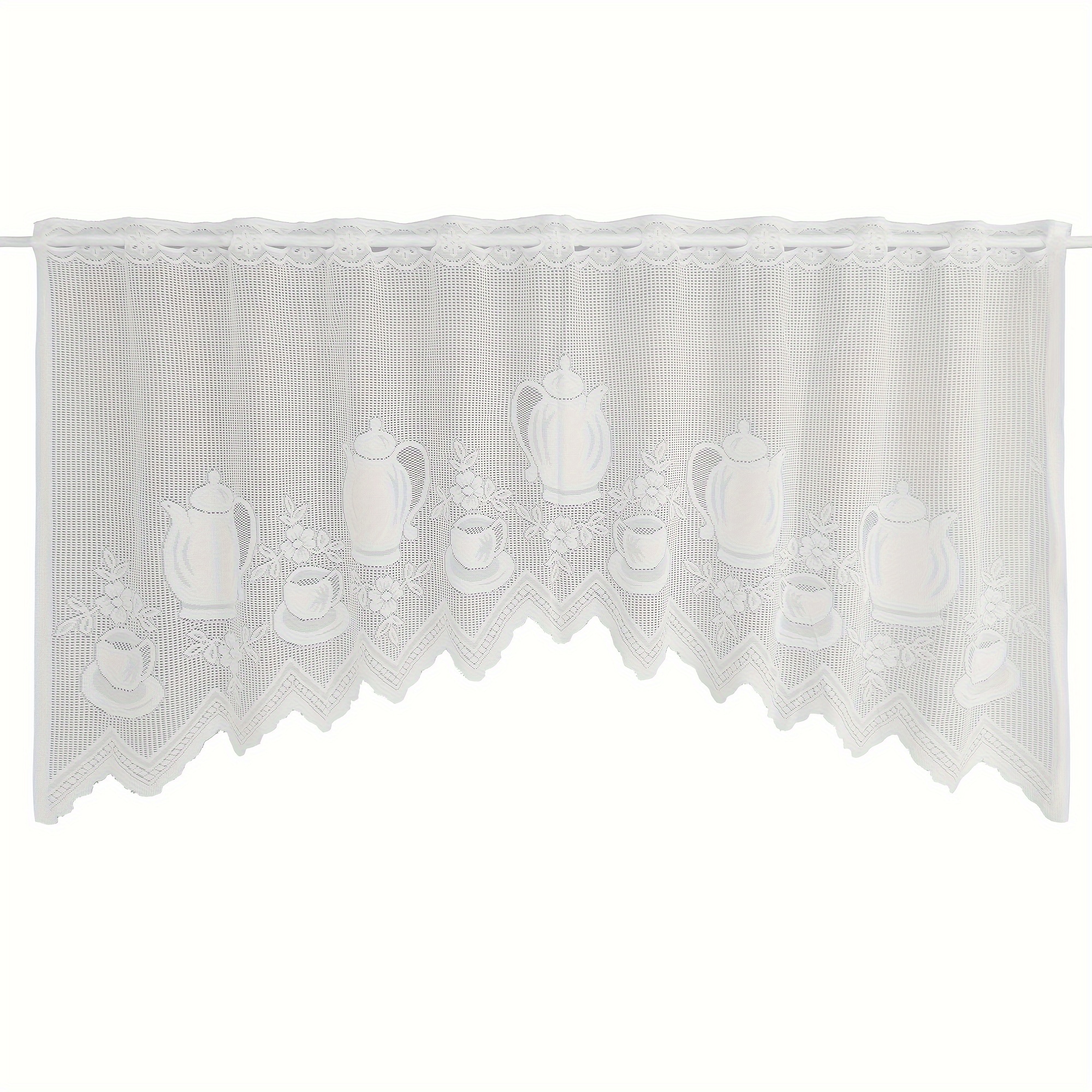 E-shop Moderner Einfacher Teekanne & Tassen-Design Weißer Halbtransparente Vorhang - 100% Polyester Lichtfilternde Stangen-Tasche Gardinen für Küche,