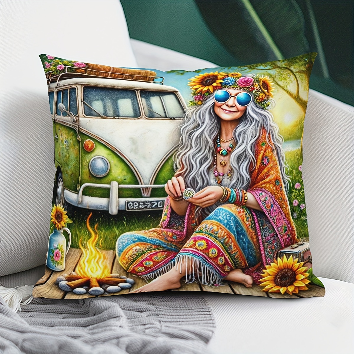 

Vintage Van And Flower Crown Pillow Covers - Multiple Sizes Available For Sofa, Bed, Or Outdoor Use