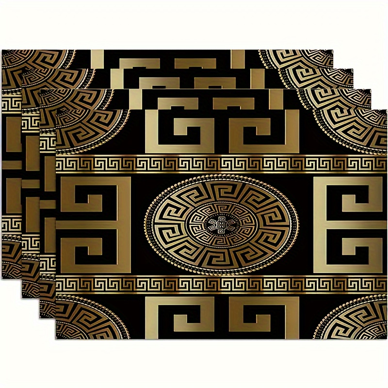 

4-piece Set Elegant Black & Golden Geometric Placemats - Waterproof Polyester, Easy-clean Rectangular Table Mats For Stylish Dining & Entertaining