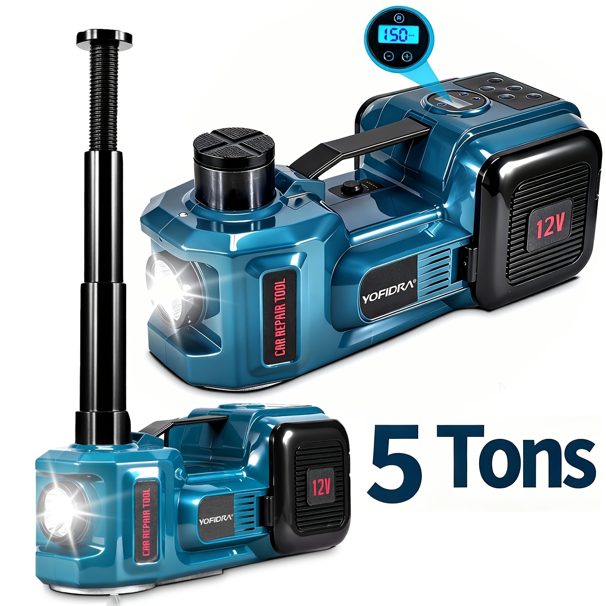 Electric Car Jack 5 Ton 12V Hydraulic Jack Lift with Inflatable Pump, LED Light And Digital Display, for SUV MPV Sedan Truck Tire Change Garage Repair, Lifting Height 5.7 to 52.83 cm