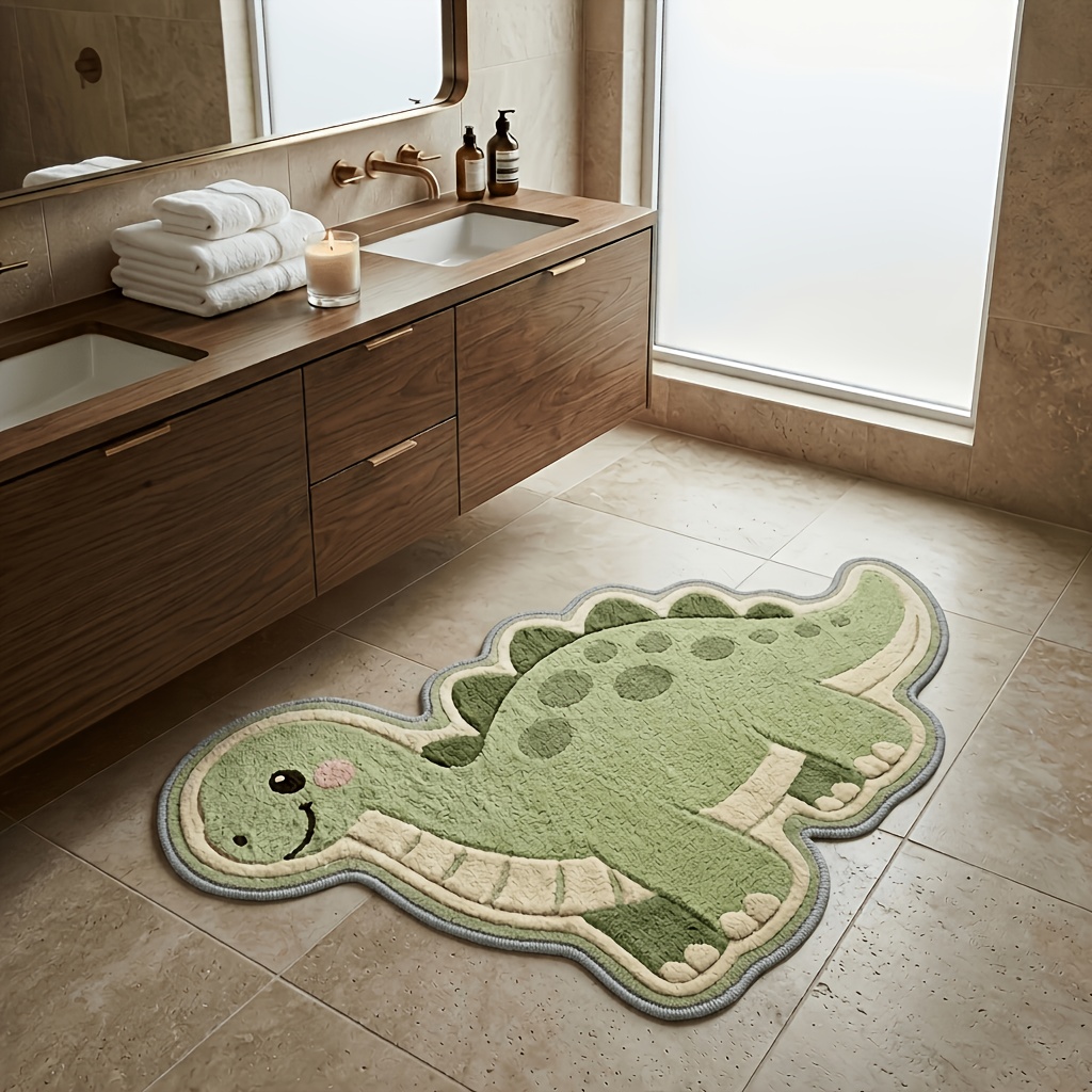 TEMU 2d Flat, 1pc Velvet 850g/㎡ 9mm Bathroom Non-slip Mat, Thin Plush 2d Printed Non-long Pile Green Dinosaur Shaped Rug, Soft Machine Washable Floor