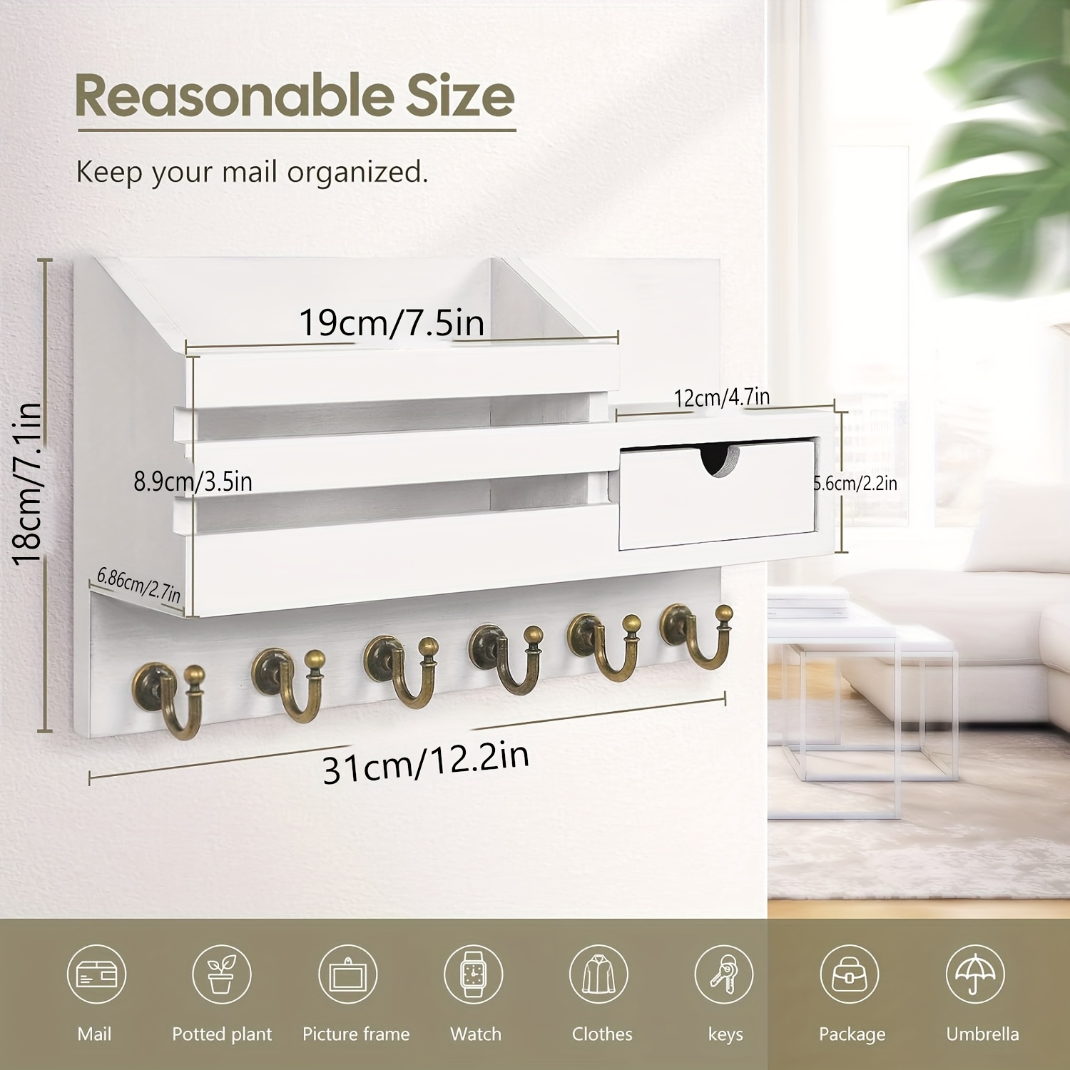 Key Holder for Wall,Wooden Mail Organizer Wall Mounted with Slots And Shelf,Entryway Storage Organizer with 6 Key Hooks-Brown
