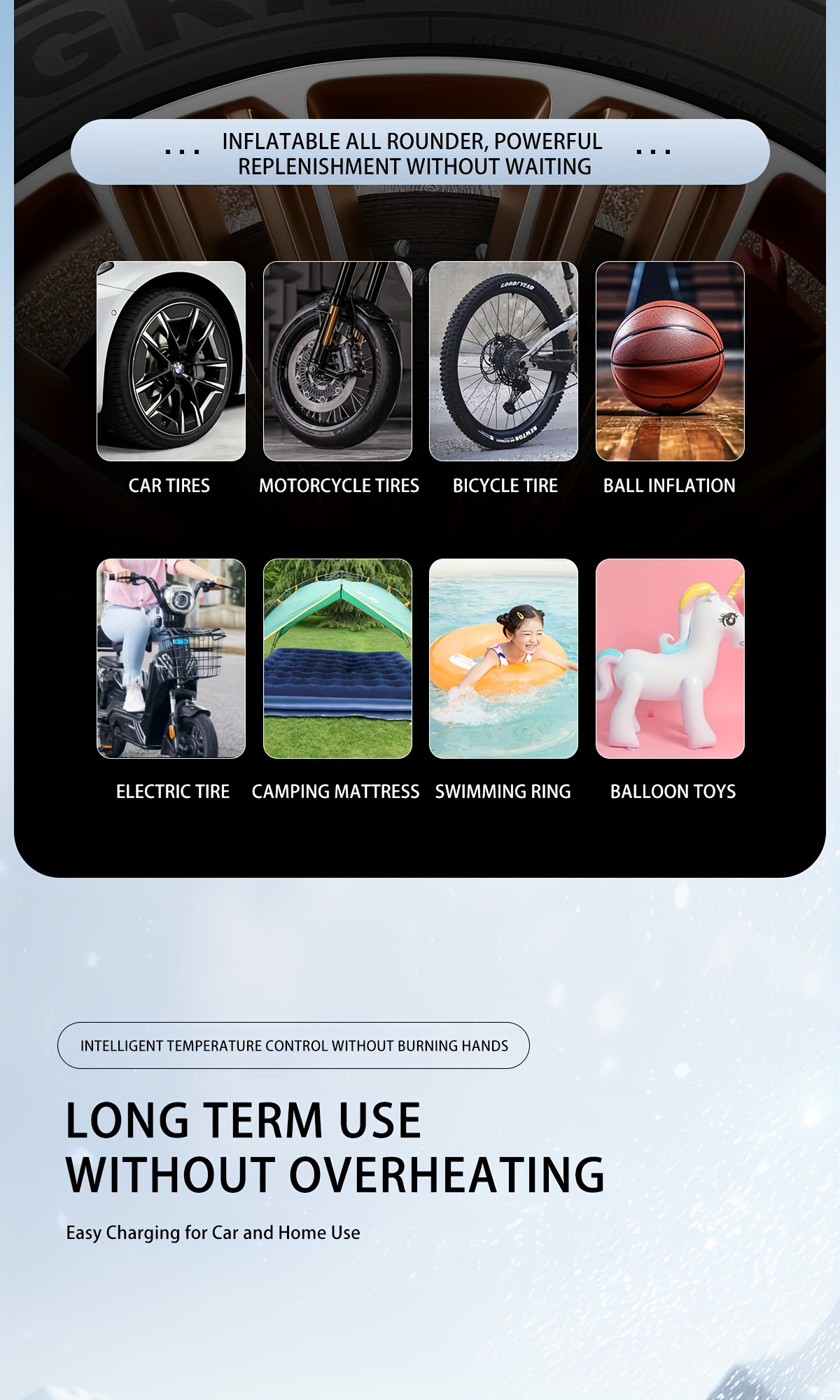 Gonfleur de pneu de moto sans fil 120 Watt avec affichage numérique, compact et doté d'une lumière LED et de buse de gonflage